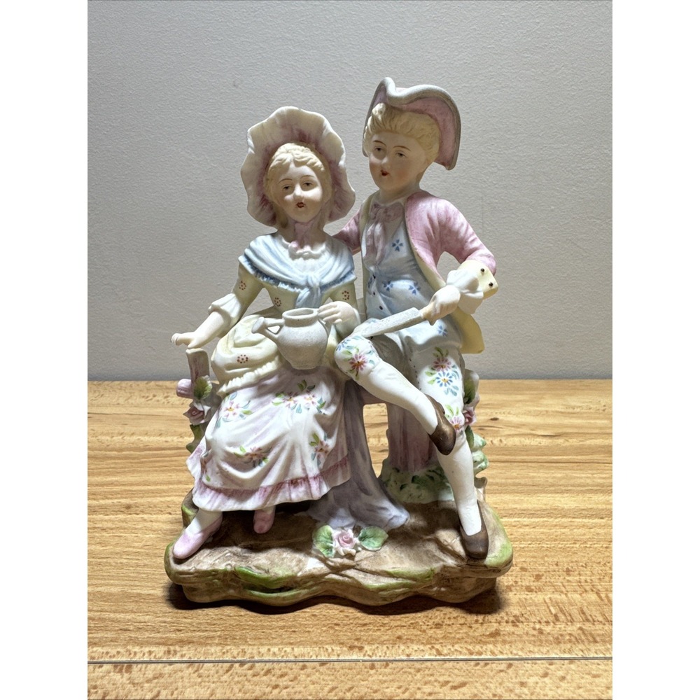 Vintage Kalk Germany Porcelain Bisque 8138 Little Girl & Boy Garden Figurine